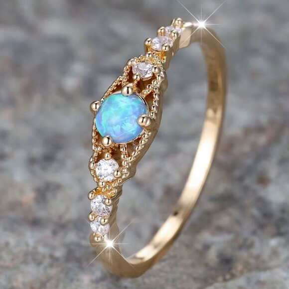 NEW 14k Gold Blue Fire Opal Ring Dainty Gold Diamond Ring Band - Picture 2 of 5